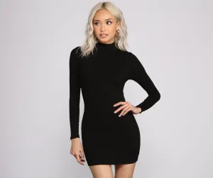 Basic Ribbed Knit Charming Long Sleeve Mini Dress