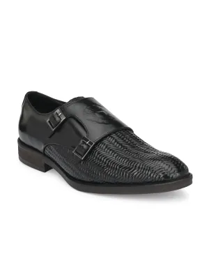 Hitz Men's Black Leather Double Strap Monk Shoes