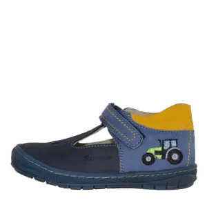 Szamos Kid Boy Sandals In Light And Navy Blue Color And Tractor Pattern With Velcro Strap - Made In Europe