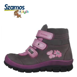 Szamos kid girl winter boots grey with pink velcro straps and flower butterfly pattern big kid size