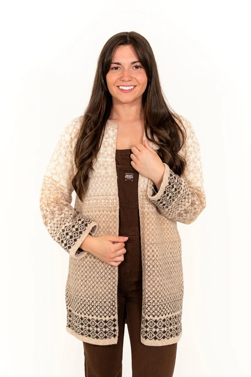 Womens Fair isle Long Kimono Cardigan / Coatigan - Beige